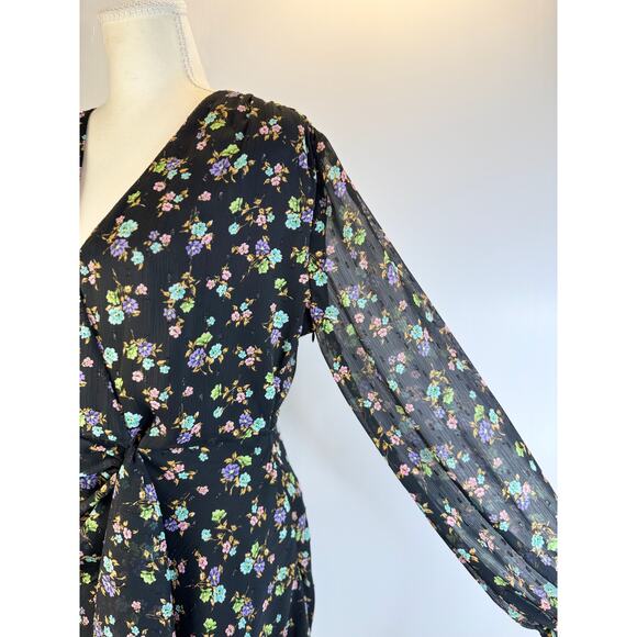 Zara Black Floral Surplice Mini Dress Women's Large Balloon Cottagecore Boho - Picture 11 of 16